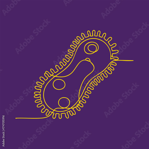 Minimalist Line Art of a Bacterium with Flagella and Internal Structures on a Deep Purple