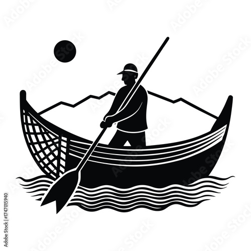 Fisherman Silhouette on the Water, Beautiful Black and White Image on White Background