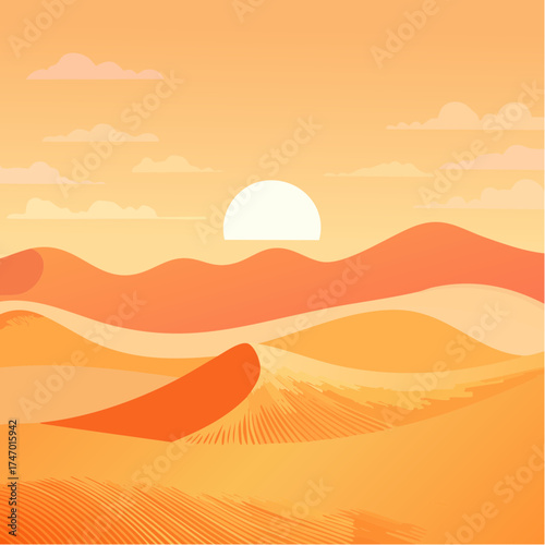 Desert landscape with sunset and rolling sand dunes