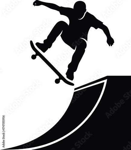 Skateboarder jumping off ramp silhouette style illustration