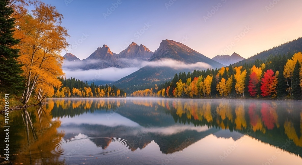 Obraz premium Autumn lake reflection with mountains and colorful trees in Canada scenic