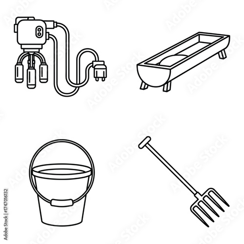 Line Art Icons of Farming and Dairy Equipment Keywords: farming, dairy, equipment, tools, bucket, pitchfork