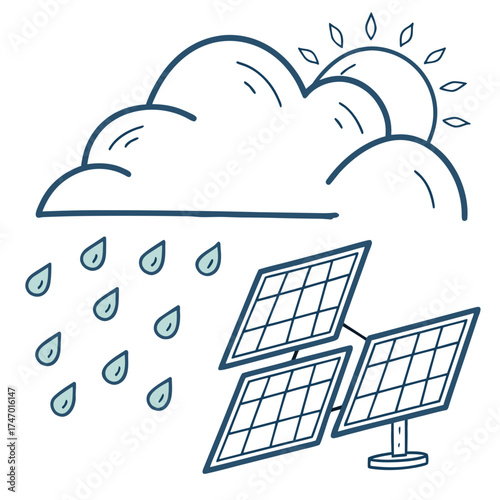 Hand drawn cloud raining on solar panels with sun energy