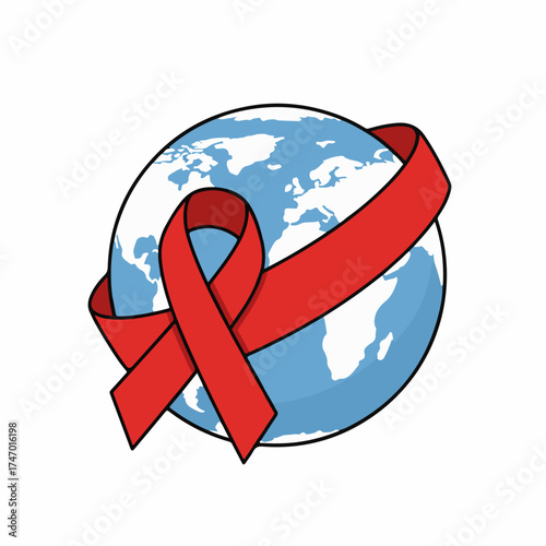 Global awareness ribbon encircles planet Earth, symbolizing support and solidarity for health causes.