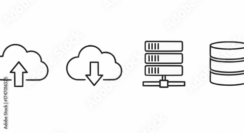 Minimal 4 Icon Vector Set – Cloud Computing Symbols of Cloud Upload, Cloud Download, Server and Database in Flat SVG Line Art on White Background