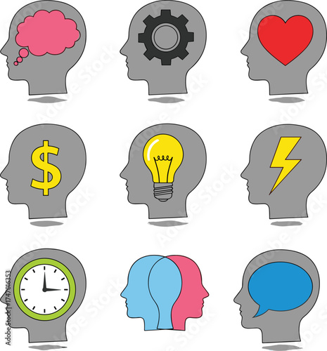 Human Head Concept Icons – Vector Set of Cognitive Symbols Including Thought, Emotion, Money, Ideas, Time, Communication, and Innovation for Education and Psychology