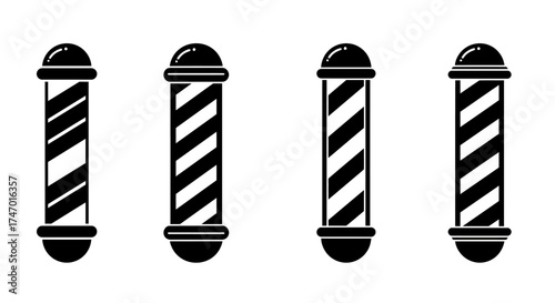 Four black and white barber pole illustrations in a simple line art style
