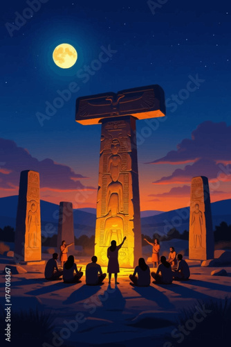 Experience ancient mystery under a radiant moon, gathering around sacred monuments with an awe inspiring sunset bringing a sense of timeless wonder