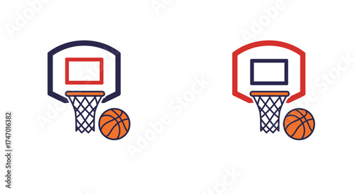 Two basketball hoops with nets and balls one red and one blue