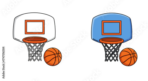 Two basketball hoops and balls one in blue and one in white