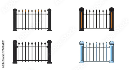 Illustrative depiction of black and blue iron fences with ornate details