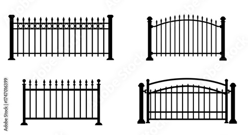 Four black metal gate designs shown in a simple illustrative style