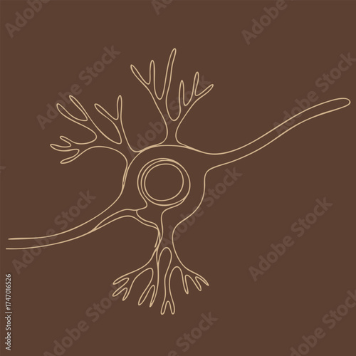 Minimalist Line Art of a Neuron with Dendrites and Axon on a Solid Brown