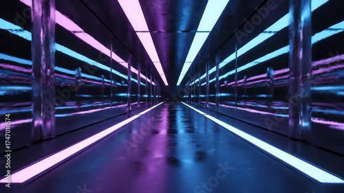 Neon Lit Futuristic Corridor - The video depicts a long corridor with neon lights above and below creating a futuristic ambiance.