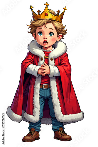 A child dressed as a king, an astonished expression, a colorful illustration, and a fantastic character on a transparent background
