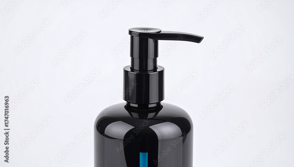 Obraz premium Close-up of black plastic pump bottle. Glossy black bottle with a turquoise accent. Pump top, smooth surface