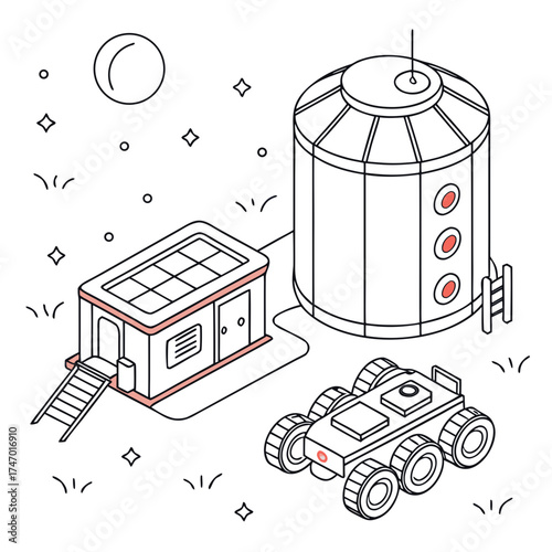Isometric mars base with rover and habitat space exploration