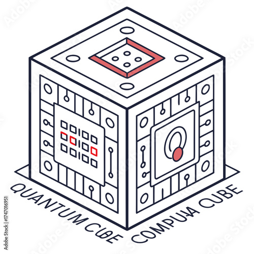 Isometric quantum computer cube graphic with binary code and circuits