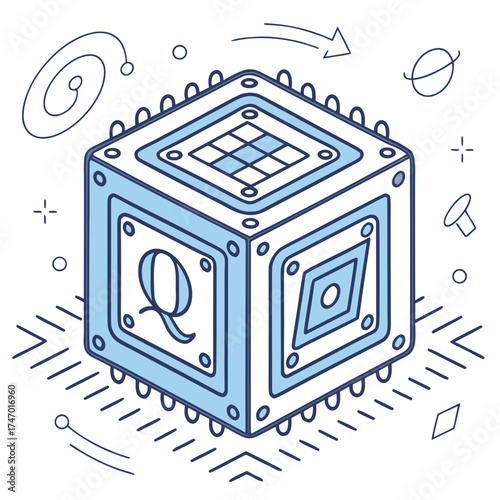 Isometric quantum computer cube icon with abstract elements