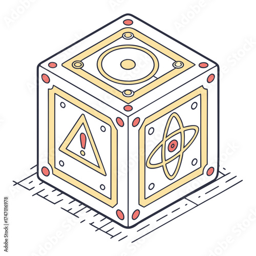 Isometric quantum computer cube icon with symbols technology