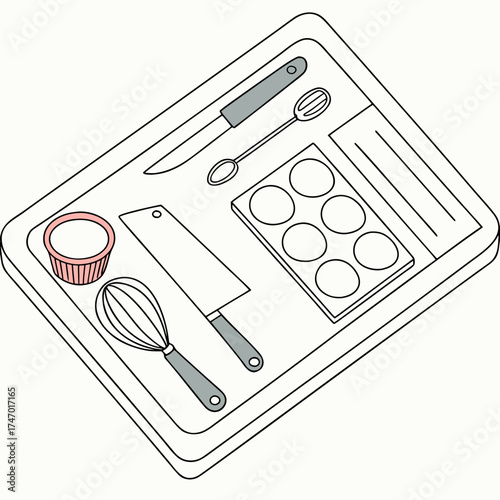 Kitchen tools arranged on a tray with baking mold vector