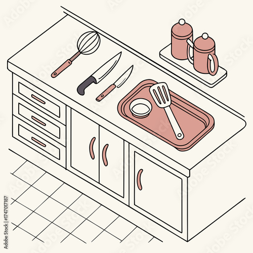 Kitchen counter with whisk knives spatula and canisters