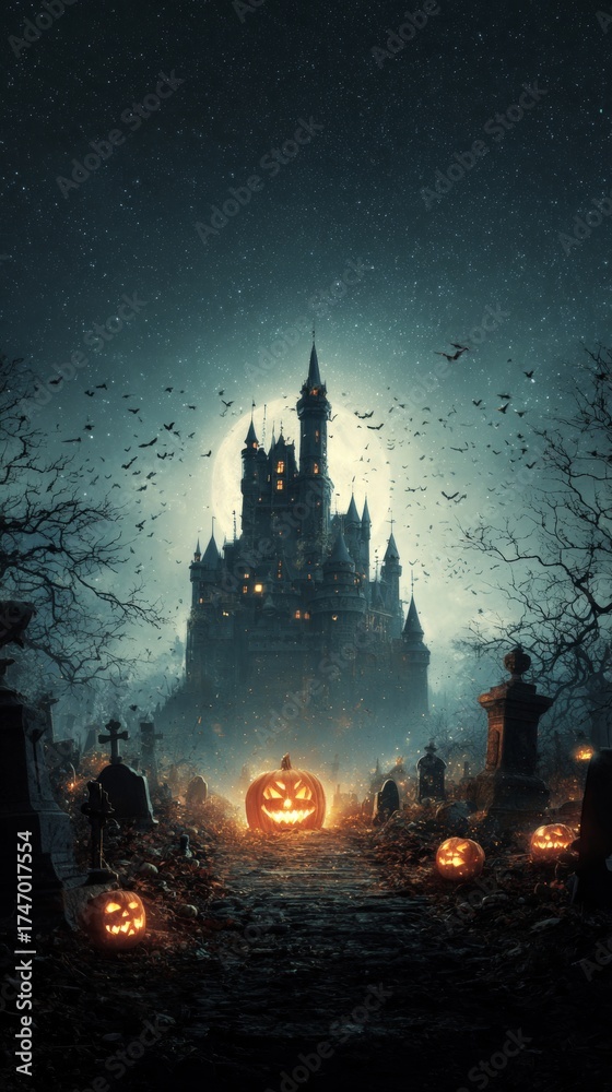 Fototapeta premium Nightfall magic: an enchanted halloween graveyard. Promotional poster. Halloween enigma: a nighttime castle with fiery pumpkin surprise. Action poster. Movie cover.