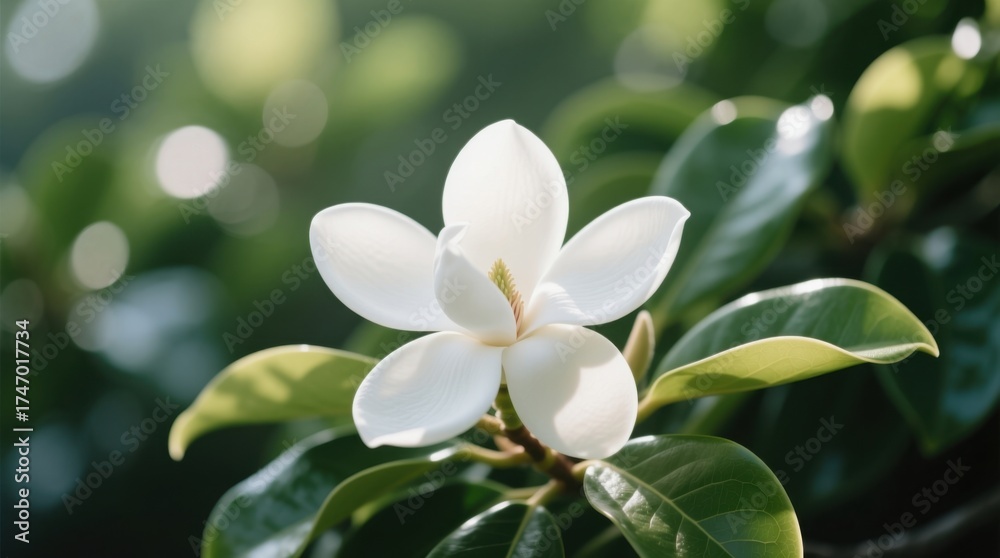 Obraz premium a white magnolia flower with green leaves in the foreground, set against a blurred background The flower is in full bloom, with its petals radiating outward in a s