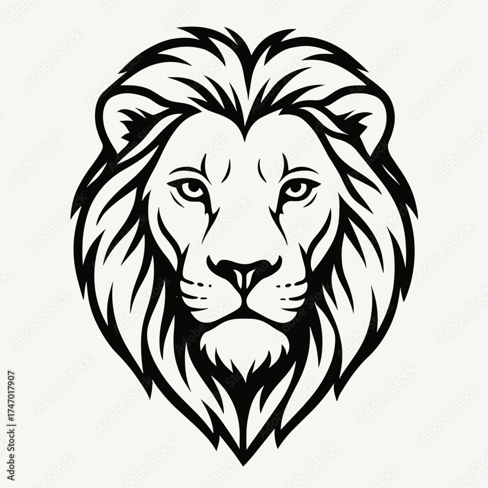 Fototapeta premium Stylized lion head illustration with detailed mane in black and white 