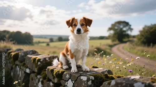  a brown and white dog sitting atop a stone wall surrounded by lush green grass, vibrant flowers, tall trees, a winding road, and fluffy white clouds in the sky