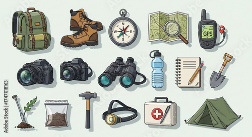 Hand drawn camping and hiking equipment, including backpack, boots, compass, map, gps, camera, binoculars, water bottle, and first aid kit