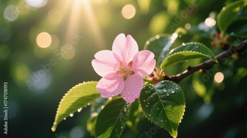  a pink cherry blossom with water droplets on it, illuminated by the sun in the background The flower is surrounded by lush green leaves, creating a beautiful sprin