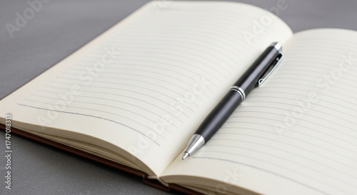 A closeup shot of an open notebook with blank pages and a pen resting on top, perfect for writing, journaling, or notetaking