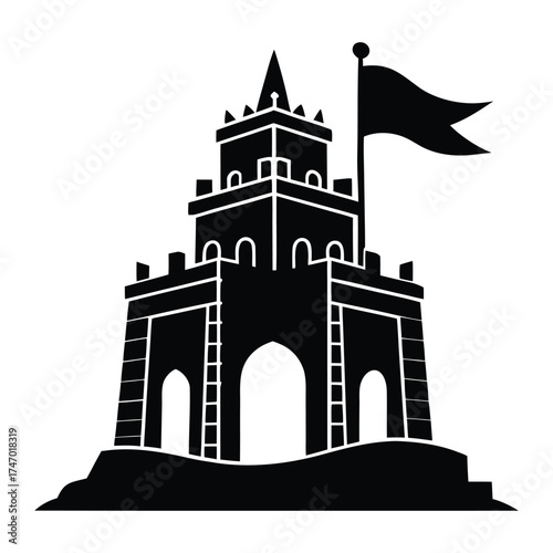 Medieval Castle Silhouette Image of Old Tower with Flag Icon on White Background