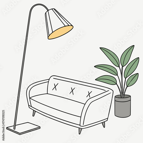 Minimalist interior scene with white couch floor lamp and plant