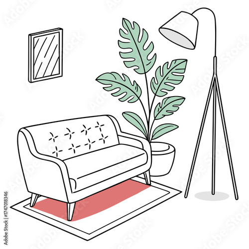 Minimalist interior scene with couch lamp and plant