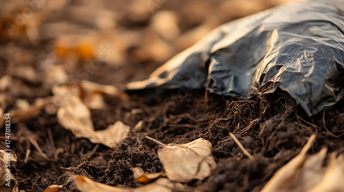 Wallpaper Mural Close-up of a black plastic sheet partially covering dark soil, with dry leaves scattered around, capturing a rustic, earthy scene. Torontodigital.ca