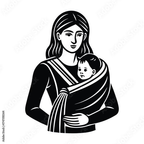 Mother with Baby Silhouette Illustration Vector Art for Motherhood Content on White Background