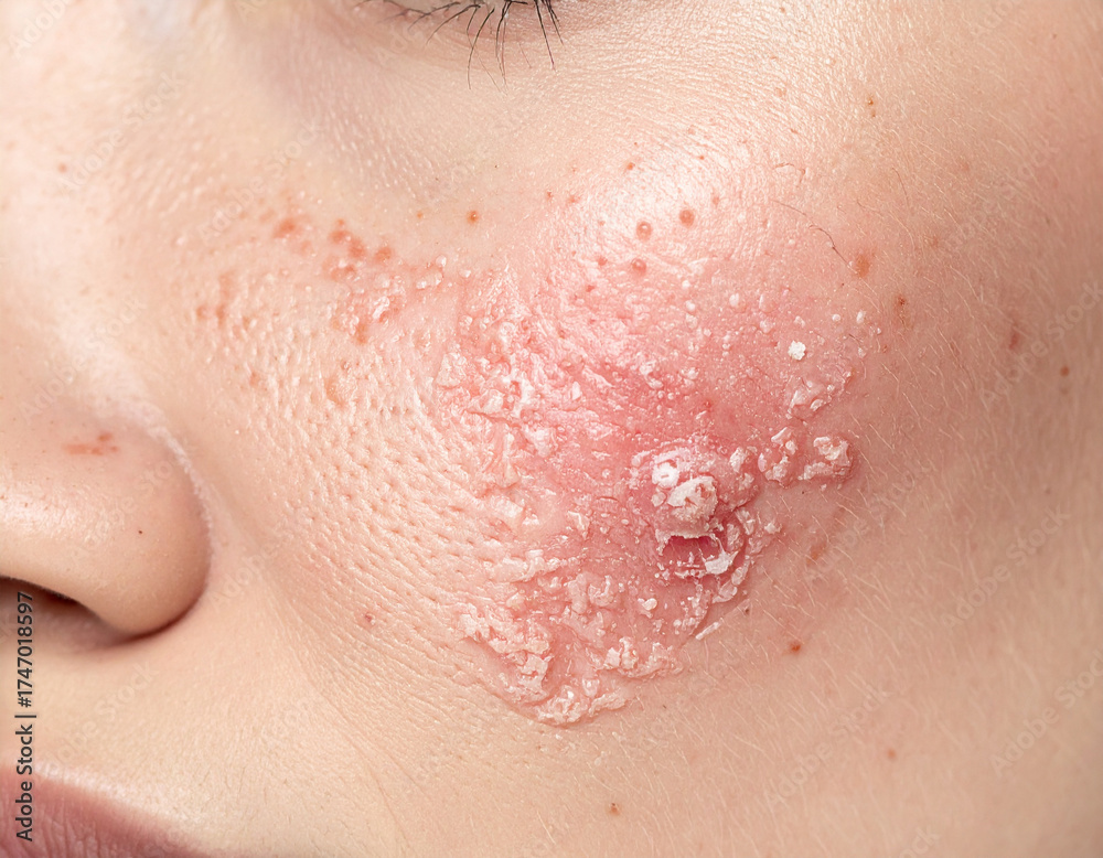 Fototapeta premium Eczema close up skin: Close up of skin reveals eczema on face feeling itchy and uncomfortable, needs skincare treatment