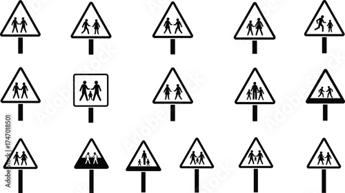 PrintPedestrian Crossing Signs Featuring Adult and Child Figures — Traffic Safety Vector Set for School Zones, Urban Planning, and Educational Road Design Projects