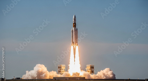 Rocket launch against a clear blue sky, symbolizing space exploration, technological advancement, and the pursuit of scientific discovery