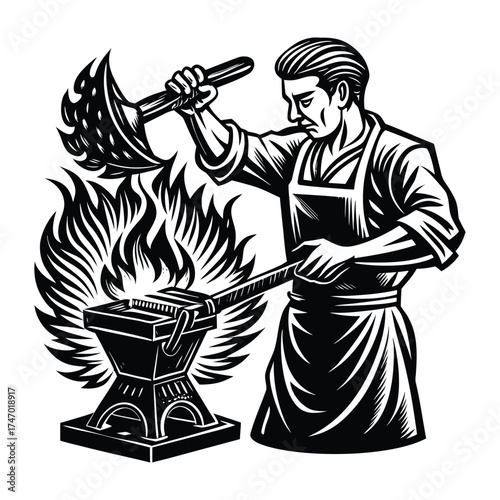 Blacksmith Forging Metal Silhouette with Fire and Tools in Black and White on White Background