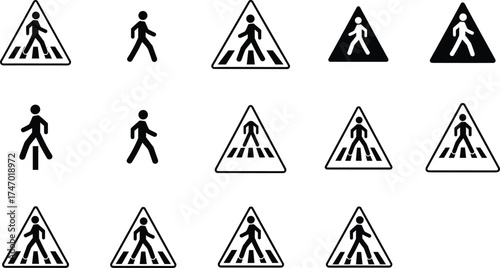 Pedestrian Crossing Symbols in Varied Designs and Warning Sign Styles — Traffic Safety Vector Set for Road Signage, Urban Planning, and Educational Projects