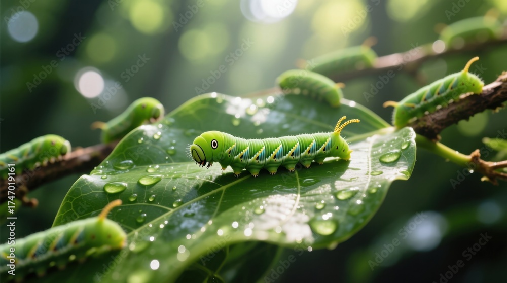 Fototapeta premium a group of green caterpillars on a leaf with water droplets glistening on its surface The background is slightly blurred, giving the image a dreamy feel
