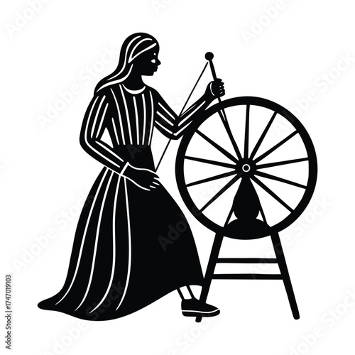 Spinning Wheel Silhouette Art: Vintage Woman with Wheel Illustration on White Background