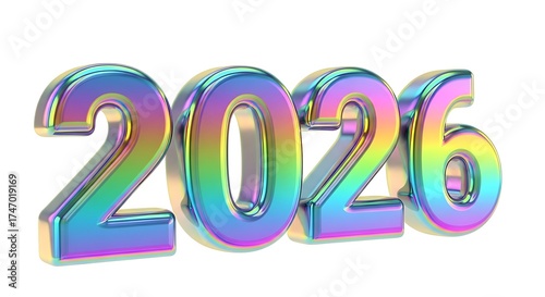 3D Render Holographic Iridescent Happy New Year 2026 Numbers on White Background
