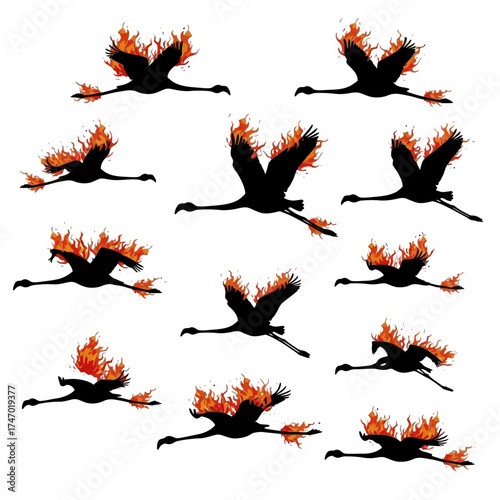 Flaming Flock - Silhouetted Birds Ascending in Fiery Flight.