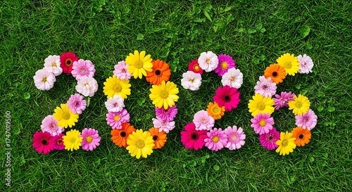 Floral 2026 Numbers Made of Colorful Flowers on Green Grass Background