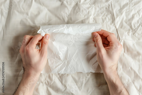 Hands stretching soft durable toilet paper showing detailed texture on neutral background
