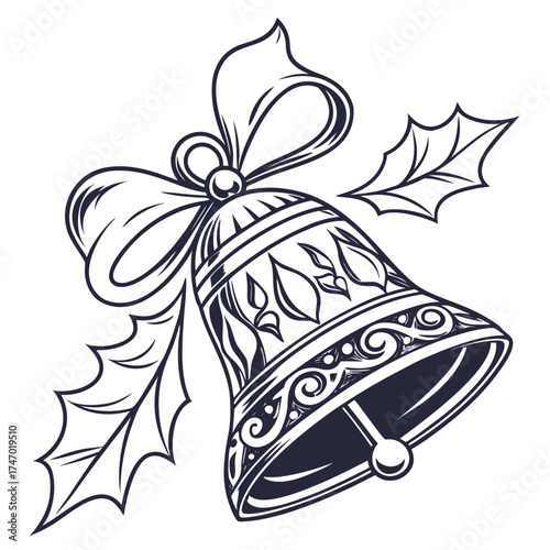 Ornate jingle bell with bow and holly leaves vector